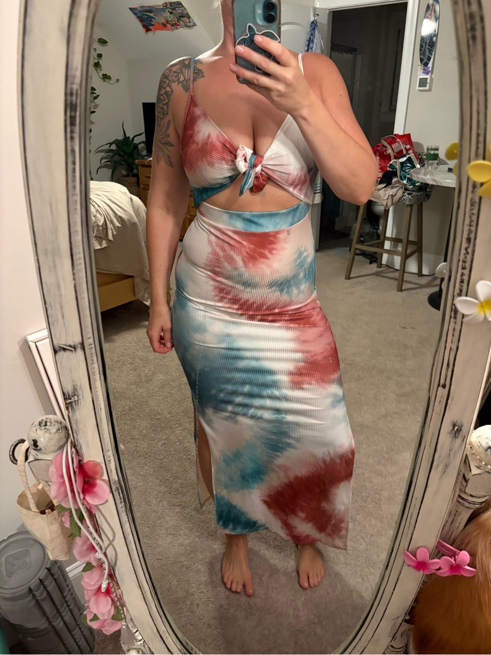 Tie-Dye Cutout Maxi Dress in Red & Teal